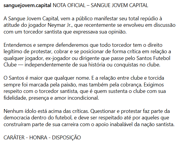 fdalvinegro's tweet image. Nota da Sangue Jovem Capital se colocando ao lado do torcedor e repudiando a atitude de Neymar.
Como deve ser. Perfeito, SJS. 👏🏾