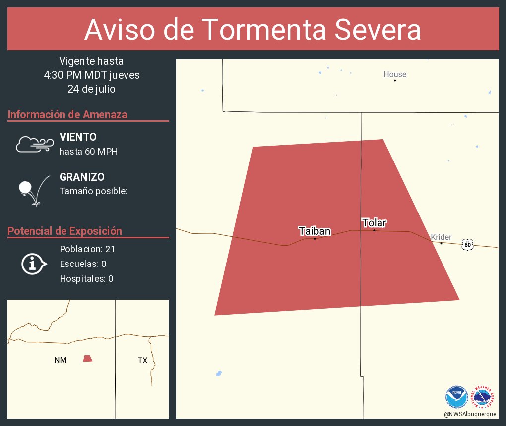 Aviso de Tormenta Severa incluye Tolar NM, Taiban NM hasta las 4:30 PM MDT