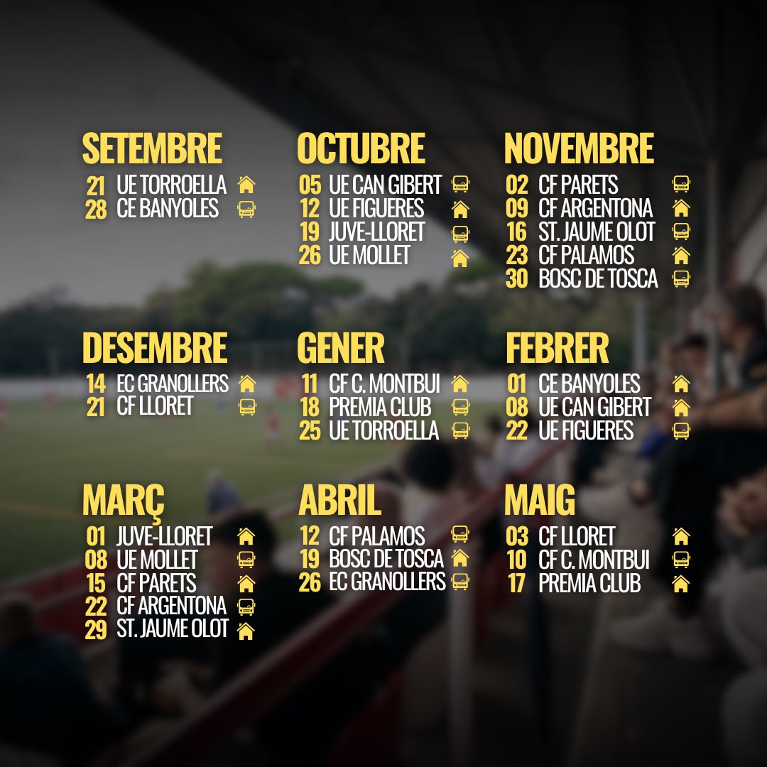 Ja sabem quan i contra qui jugarem a Primera Catalana – Grup 1! 🗓️

Partits a casa, desplaçaments difícils i derbis de màxima emoció. Ens espera una gran temporada! 🙌🏼

🔍 Mira la imatge i marca les dates!