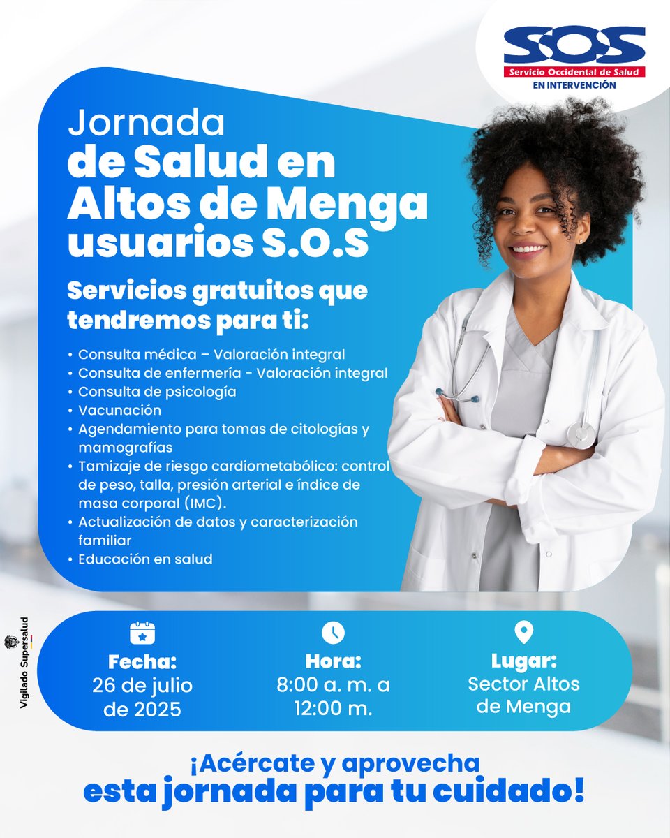 📍 ¡Altos de Menga, llegamos a cuidarte!
Disfruta de servicios de salud sin costo para ti y tu familia este 26 de julio.
Consulta médica, enfermería, educación en salud y más 🩺
 🕗8:00 a. m. a 12:00 m.
Cuidarte nos inspira 💙