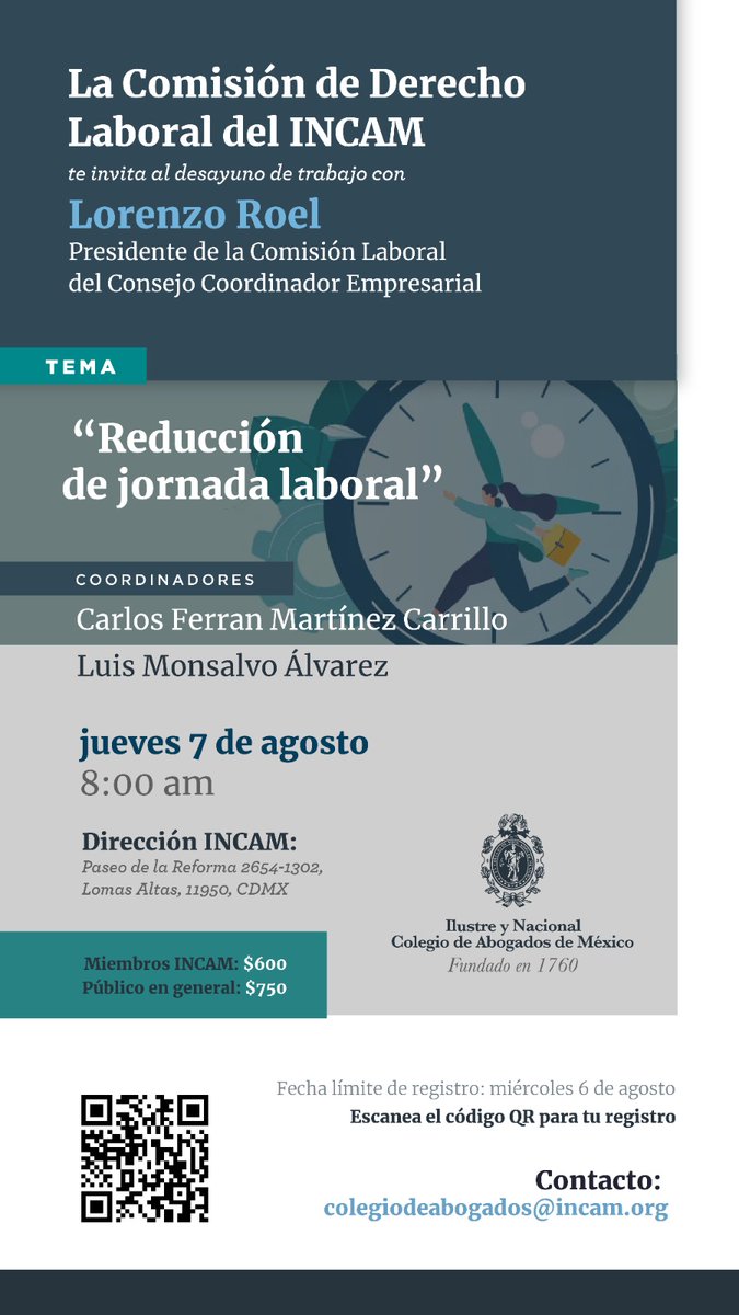 Colegio de Abogados (@incam_abogados) on Twitter photo El Lic. <a href="/LorenzoRoel1/">Lorenzo Roel</a> será nuestro invitado de honor en el próximo desayuno de trabajo, con el tema: "Reducción de jornada laboral", evento gratuito, organizado por la comisión de Derecho Laboral. Inscríbete por medio de la siguiente liga.
forms.gle/ikXWNFn2WmvKoj…
<a href="/AlberticoGS/">Dr. Albertico Guinto Sierra</a> El Lic. <a href="/LorenzoRoel1/">Lorenzo Roel</a> será nuestro invitado de honor en el próximo desayuno de trabajo, con el tema: "Reducción de jornada laboral", evento gratuito, organizado por la comisión de Derecho Laboral. Inscríbete por medio de la siguiente liga.
forms.gle/ikXWNFn2WmvKoj…
<a href="/AlberticoGS/">Dr. Albertico Guinto Sierra</a>