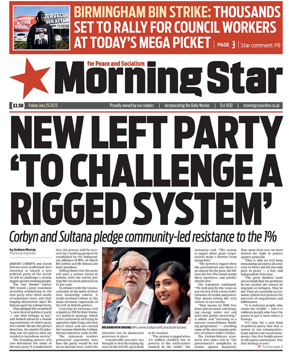 WithyGrove's tweet image. Morning Star ๐ฌ๐ง: Corbyn and Sultana pledge community-led resistance to the 1%.
#TomorrowsPapersToday #Corbyn #Sultana #Birmingham #binstrike #Labour #Starmer