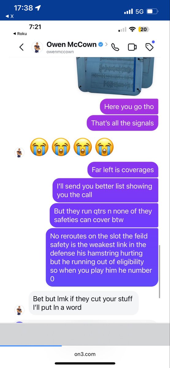 Nah this is actually wild.

<a href="/On3Memphis/">Memphis Tigers | TigerSportsReport.com</a> obtained the texts of former Memphis S Tahj Ra-El giving the entire defensive playbook to UTSA QB Owen McCown before Memphis’ 44-36 loss to UTSA last season.

By the way, Ra-El is the same person that stole teammates’ items and pawned them