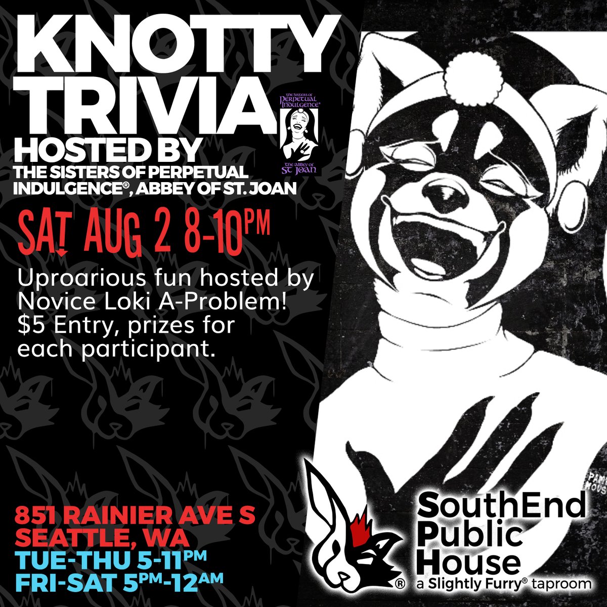 slightlyfurry's tweet image. We're honored to be receiving a visit from the Abbey of St. Joan on Saturday August 2nd! Brace yourself for some Knotty Trivia hosted by Novice Loki A-Problem! $5 Entry, runs from 8-10pm.
#SouthEndPublicHouse #bartrivia #sistersofperpetualindulgence #cider #Seattle