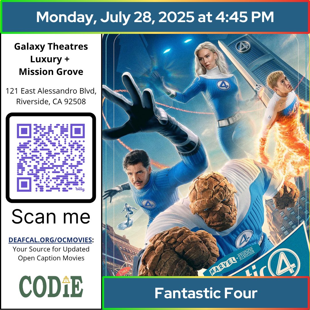 CODIEdeaf's tweet image. Galaxy Luxury + Mission Grove is showing The Fantastic Four: First Steps with open captions on Monday, July 28, 2025, at 4:45 PM!

Check the schedule and grab your tickets! 👉
galaxytheatres.com/.../missiongro…

#GalaxyTheatres #codiedeaf #opencaption