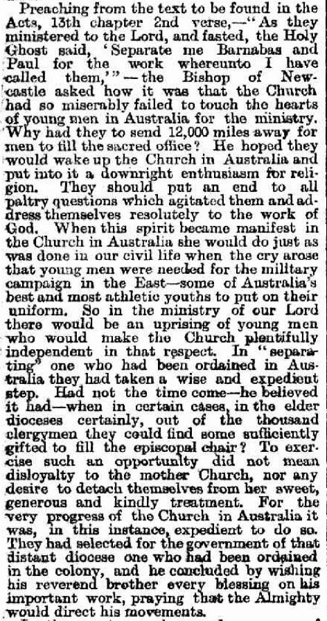 AustAnglican's tweet photo. 25 July 1891: consecration of Canon Christopher George Barlow (1858-1915), of St James' Cathedral Townsville, @SydneyCathedral, to succeed G H Stanton (who preached the sermon, below) as second Bishop of North Queensland. #anglican #134years No.31 in the Australian episcopate. https://t.co/yZHz7yFZKN