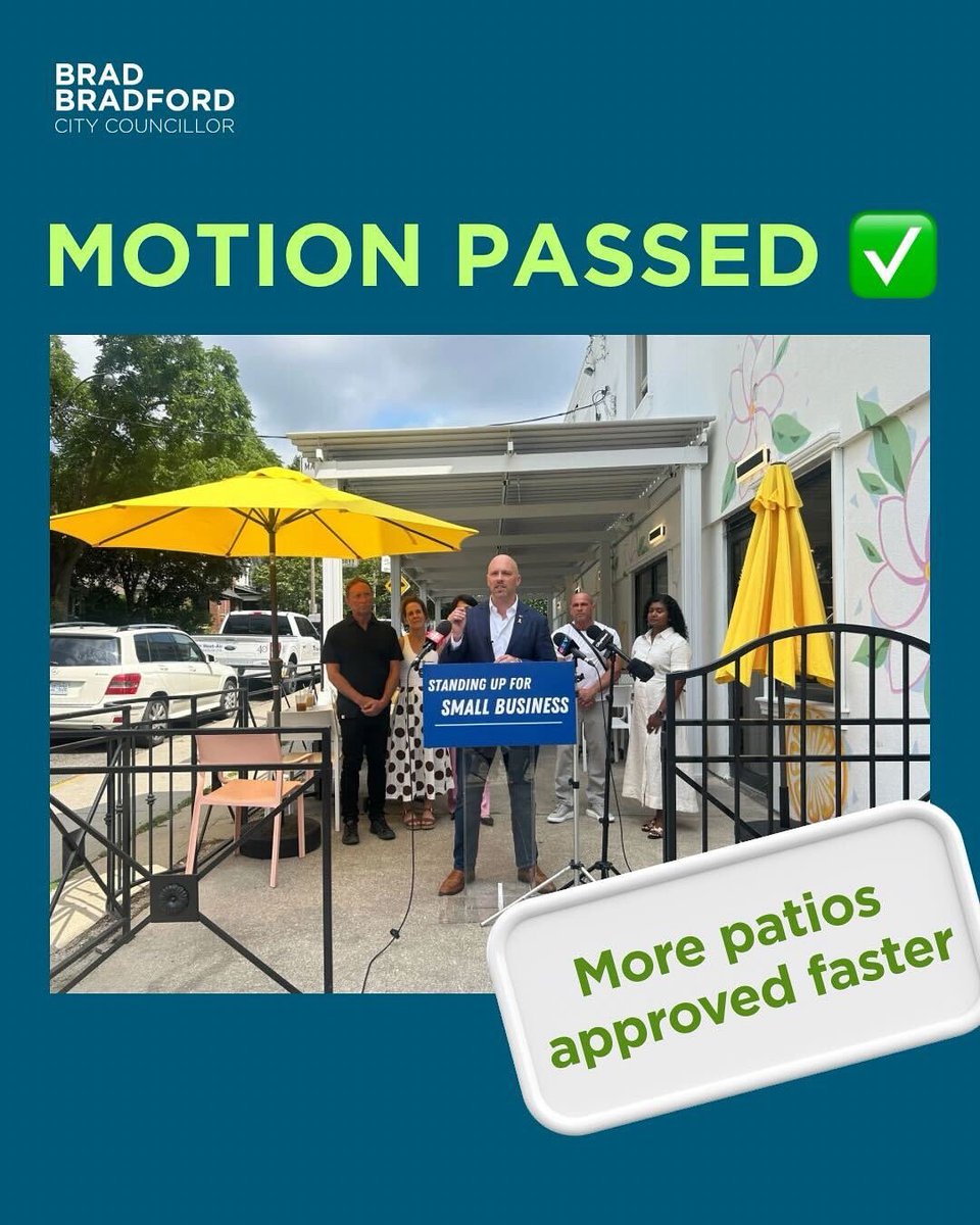 BradMBradford's tweet image. Big win for common sense ✅
Today, Council passed my motion to fix the broken patio permit process that’s been impacting small businesses over just a couple of anonymous complaints.
Toronto should be saying yes faster — not tying local entrepreneurs up in red tape.
This change…
