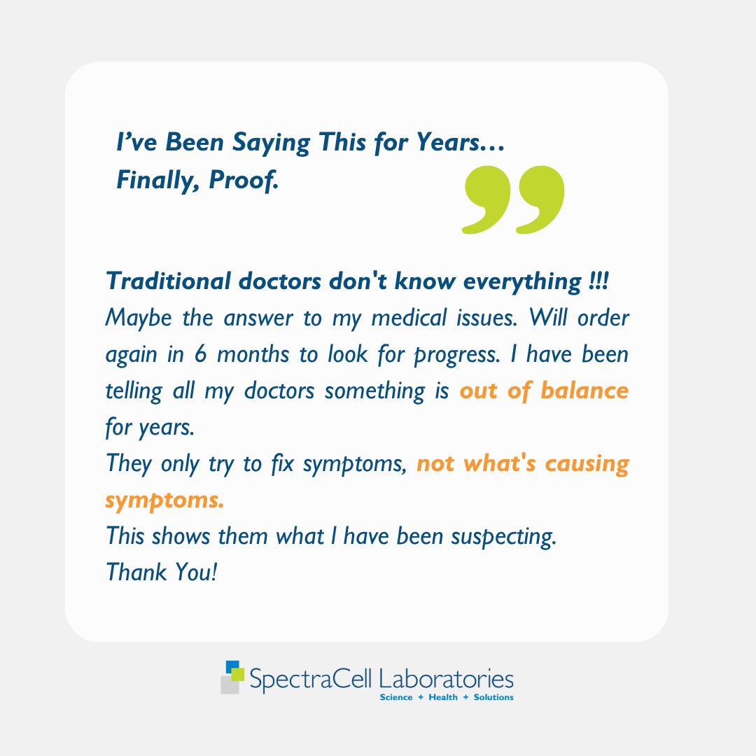 SpectraCellLab's tweet image. You feel off, but doctors say you’re fine? Your body is talking, and SpectraCell helps you to listen. The SpectraCell test finds what’s really missing.
Feel. Test. Heal.
🔗hubs.li/Q03yQfyd0
#SpectraCell #RootCauseNotSymptoms #MicronutrientTest #FeelTestHeal#FunctionalHealth