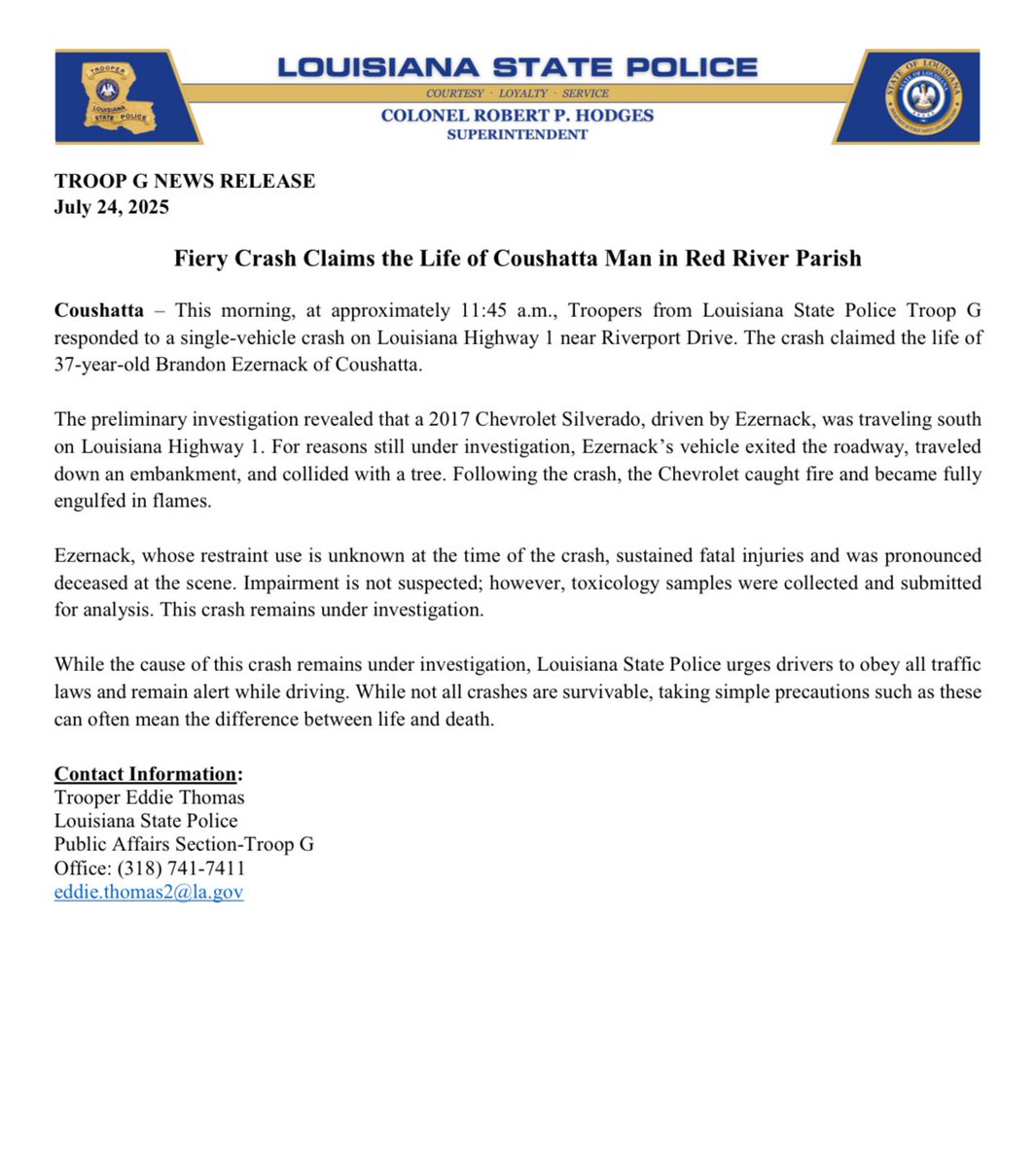 LAStatePolice's tweet image. Fiery Crash Claims the Life of Coushatta Man in Red River Parish