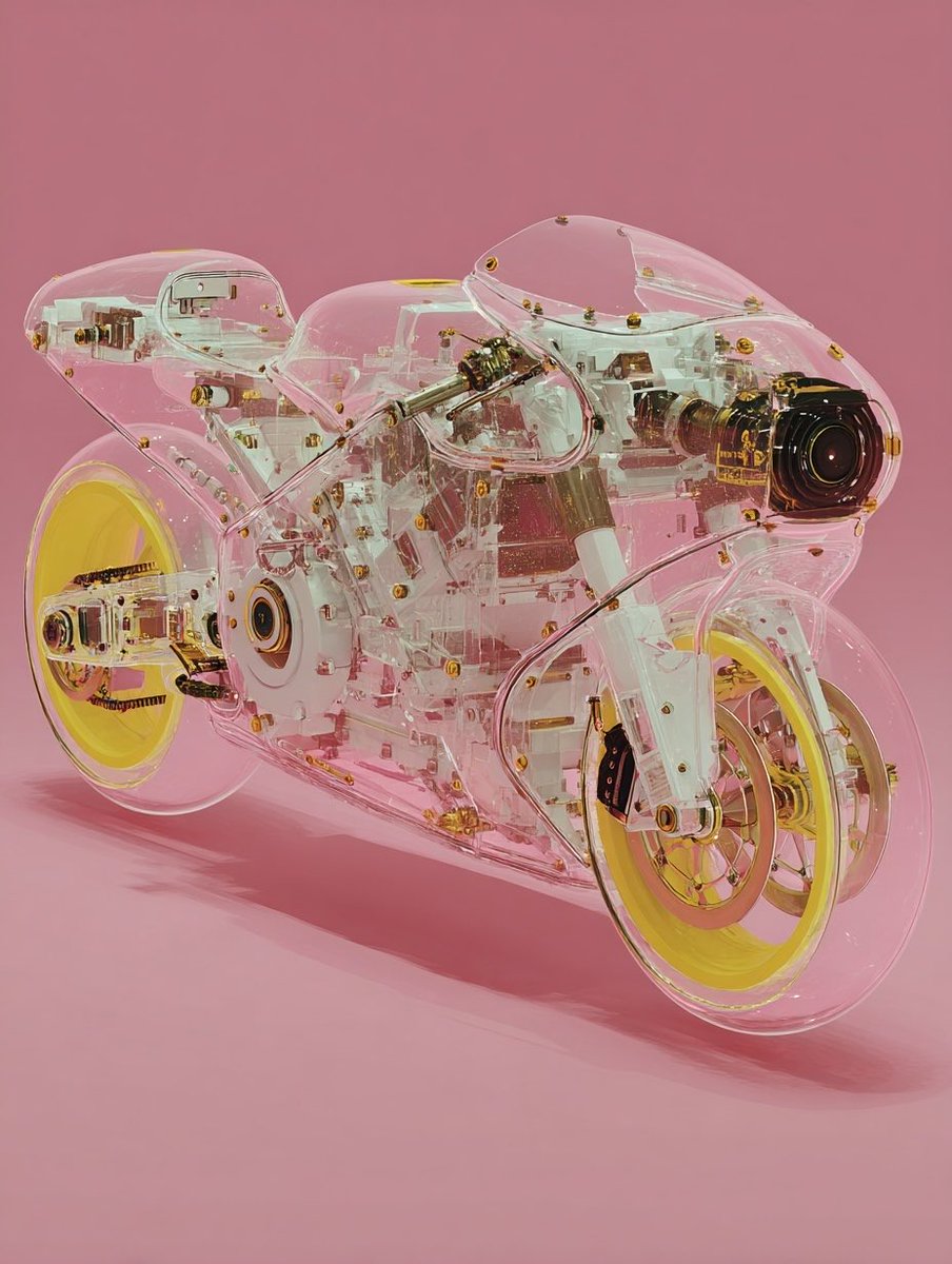 bri_guy_ai's tweet image. Not a portrait.
Not a style reference.
But still a fun prompt.
Hope you don’t mind.
// prompt //
3D rendered illustration of the cross-section of a motorcycle, with transparent glass body parts showing engine components, gold details, pink colors, yellow wheels, white…