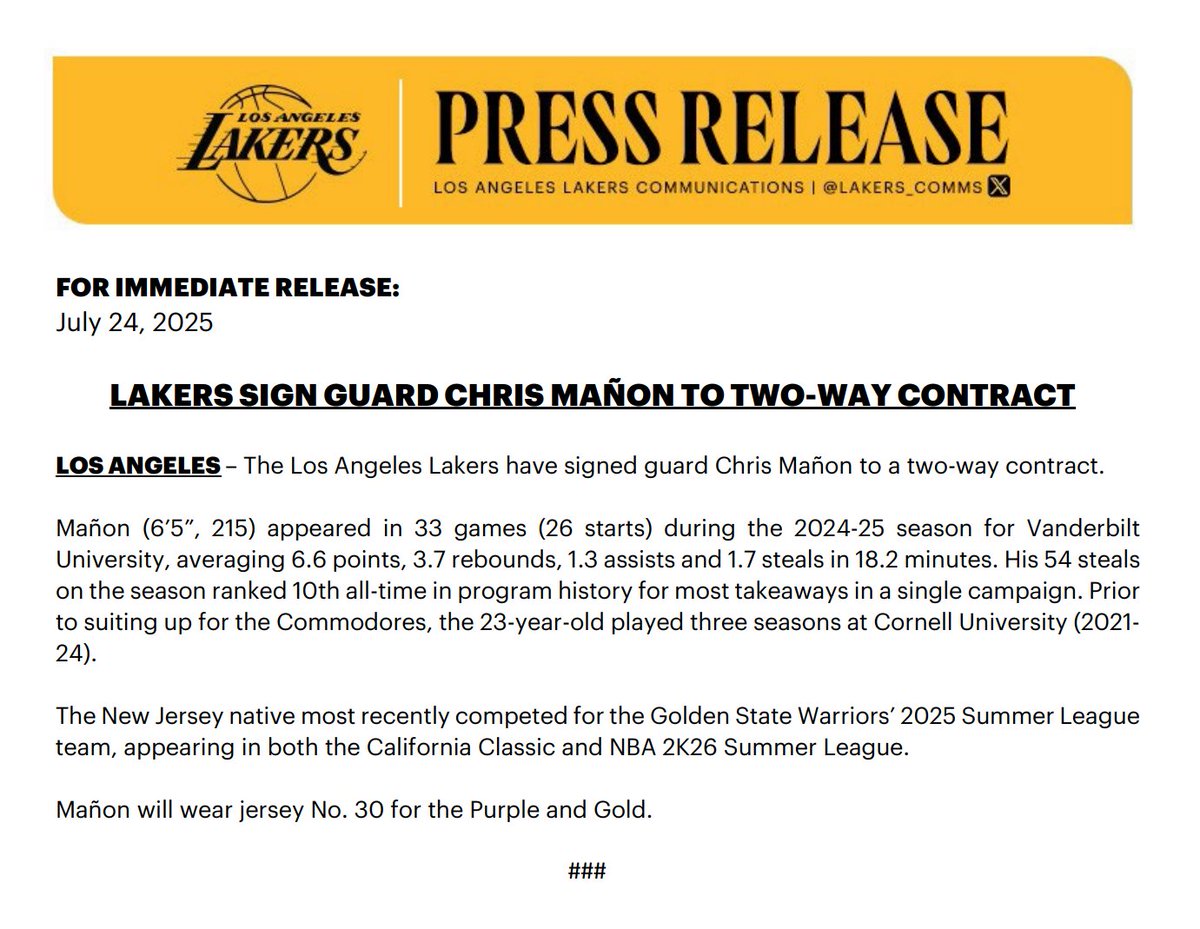 RyanWardLA's tweet image. Lakers announce they&apos;ve signed Chris Manon to a two-way deal