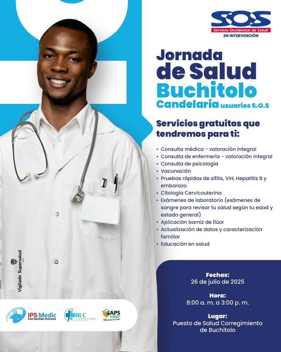 En EPS S.O.S seguimos recorriendo los territorios 📍
Este 26 de julio nos vemos en Buchitolo, Candelaria con servicios gratuitos de salud para toda la familia.
🩺 Consulta médica, vacunación, pruebas rápidas y más.
🕗 8:00 a. m. – 3:00 p. m.
Cuidarte nos inspira 💙