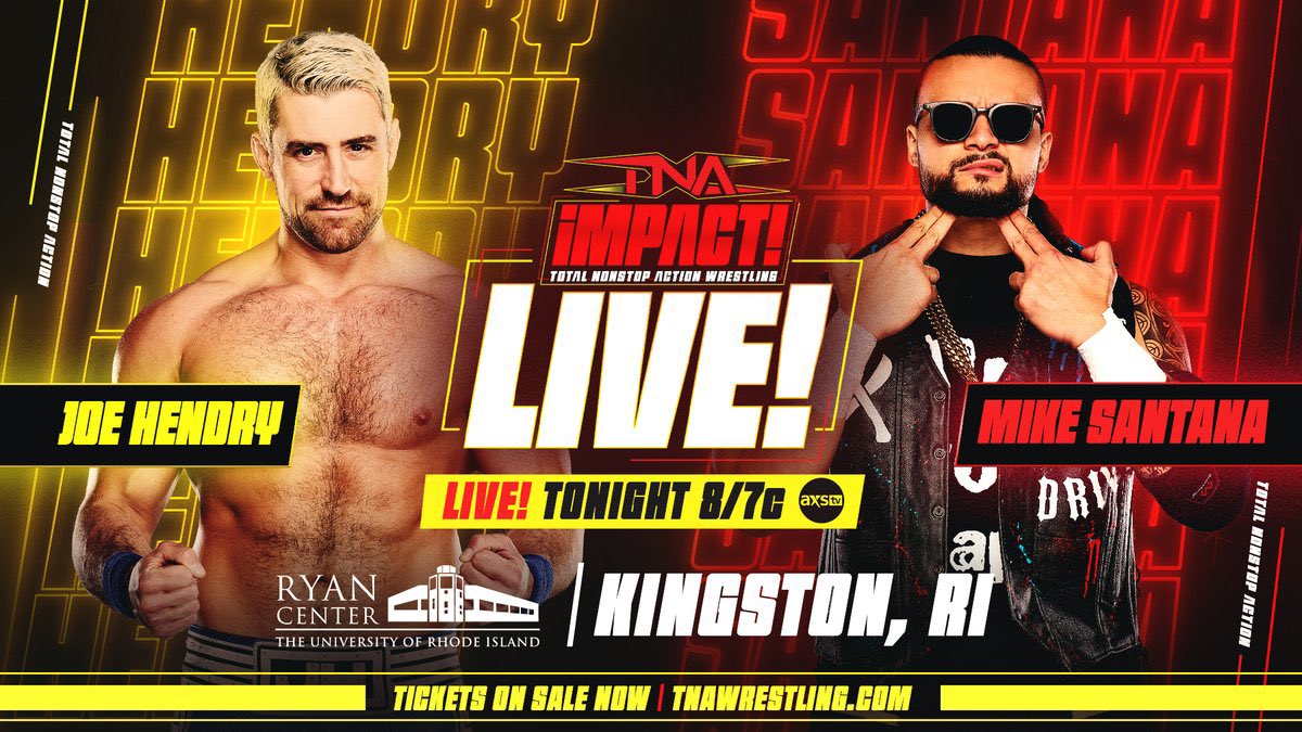 DramaKingMatt's tweet image. TONIGHT we are LIVE on @AXSTV in the US, @Sportsnet 360 in Canada and TNA+ worldwide.
These 2 came so close to victory at #TNASlammiversary
Tonight @joehendry and @Santana_Proud battle for momentum on the road to #TNABoundForGlory.
#TNAiMPACT