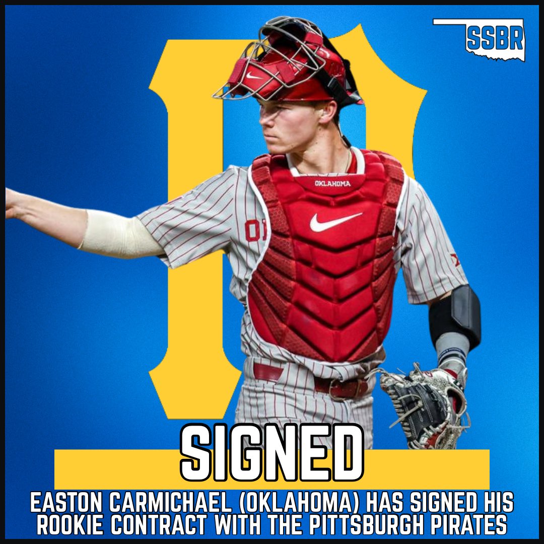 SoonerStateBSBL's tweet image. 饾檸饾檮饾檪饾檳饾檧饾樋
Easton Carmichael (Oklahoma) has signed his rookie contract with the Pittsburgh Pirates
Financial details aren鈥檛 available, but the slot value is $979,500
#SoonerStatePros | #CHAOUS