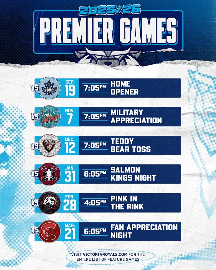 SOFMC (@sofmcvic) on Twitter photo π₯
<a href="/victoriaroyals/">Victoria Royals</a> premier games are set for the 25/26 season! From the Teddy Bear Toss to Fan Appreciation Night, mark your calendars and bring the hockey energy to SOFMC.
ποΈ Check out the full list of featured games at bit.ly/3IkvoIv π₯
<a href="/victoriaroyals/">Victoria Royals</a> premier games are set for the 25/26 season! From the Teddy Bear Toss to Fan Appreciation Night, mark your calendars and bring the hockey energy to SOFMC.
ποΈ Check out the full list of featured games at bit.ly/3IkvoIv