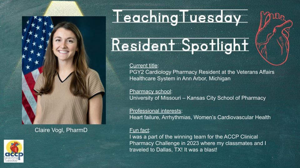 accpcardprn's tweet image. Meet Dr. Claire Vogl, PGY2 Cardiology Pharmacy Resident at the Veterans Affairs Healthcare System in Ann Arbor, Michigan. Tune in next week for her #TeachingTuesday giving us an overview of myocardial perfusion imaging agents!