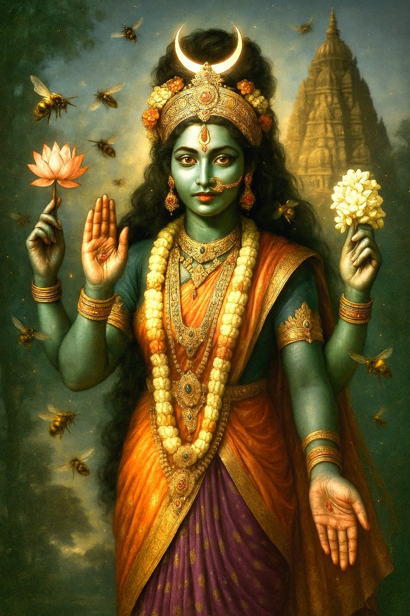 The Divine Dance of Brahmaramba Devi and the Fall of Arunasura

In the heart of Srisailam, where the sacred Krishna River murmurs ancient mantras and the Nallamala Hills cradle the sky, there stands a temple pulsating with the fierce grace of Brahmaramba Devi, the Mother who