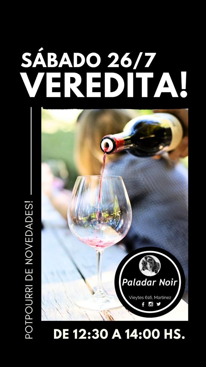 📣🍇Sábado 26/7 al medio día - Vereditaaaa!!! 

Llegaron vinos nuevos y queremos compartirlos con los "Paladares"🥰

Y si tenés ganas, traé algo para compartir: puede ser algo rico para comer 🥖🧀🥟 o bien un vino tapado para jugar a identificar qué cepa es😎🍷

Paladar Noir 🐶🥂