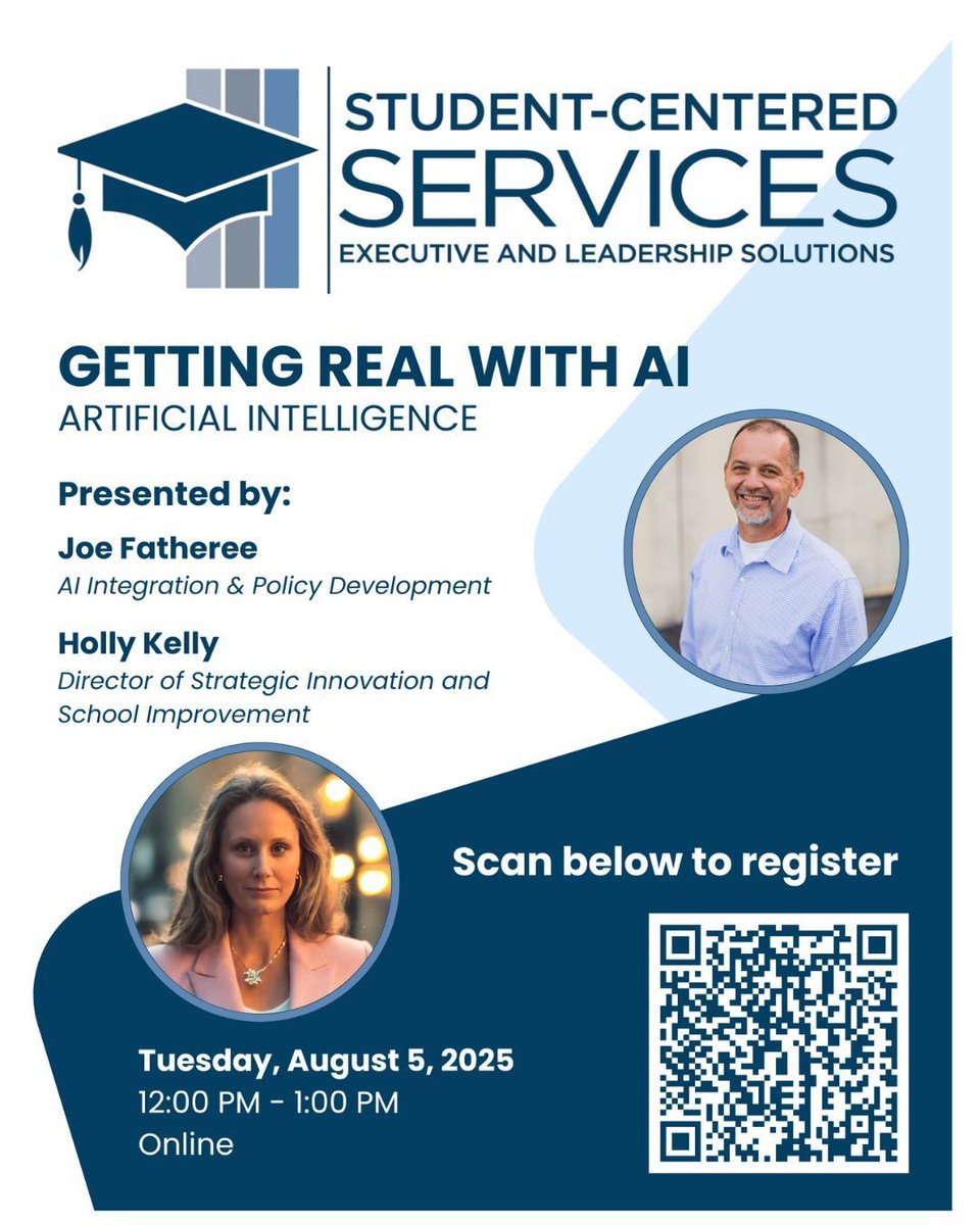 🎓 FREE Lunch &amp; Learn: “Getting Real with AI”
🗓 Aug 5 | 12–1 PM | Online

With AI leaders Joe Fatheree &amp; Holly Kelly
→ AI 101
→ Custom teacher PD
→ District policy must-haves

1 registrant per district
🔗 Register: forms.gle/vidnxmwkitrMcA… 
#AIinEducation #EdLeadership
