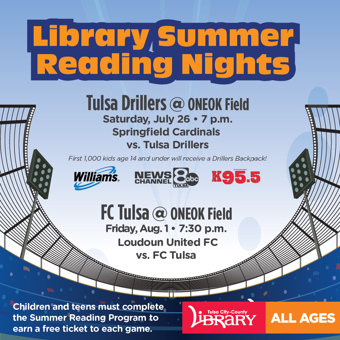 tulsalibrary's tweet image. This year, we are having TWO Library Summer Reading Nights at ONEOK Field! Children and teens who complete the Summer Reading Program receive free tickets to both events in their coupon books.