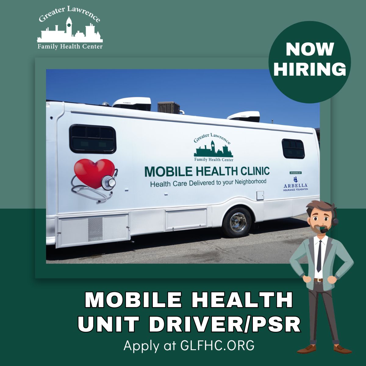 <a href="/GLFHC/">Greater Lawrence Family Health Center</a> is hiring a Mobile Health Unit Driver/Patient Service Representative to join our outreach team. In this unique role, you’ll safely drive and maintain our mobile health unit while also supporting community-based services. APPLY NOW: ow.ly/MbMP50WonTA.