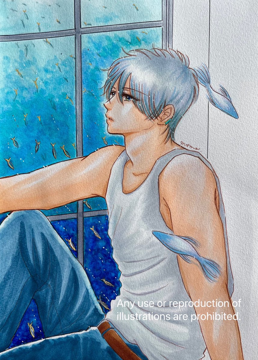 marumomo75z's tweet image. 「白昼夢🐟🫧」
暑中お見舞い申し上げます🎐
まだまだ暑い日が続きますが 皆様どうぞご自愛ください🍀
(久々に塗ったら背景ムラムラ大惨事😂)
#創作男子 #アナログ絵 #コピック