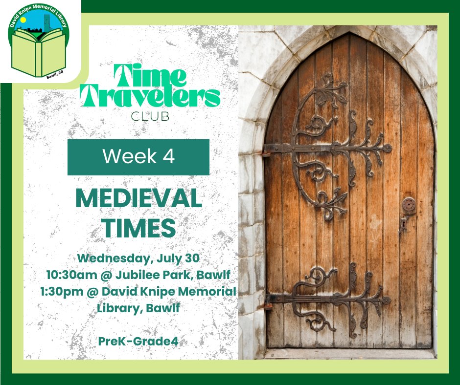 BawlfLibrary's tweet photo. Hear ye, hear ye! Time Travelers, prepare for castles, dragons, and brave tales! 🐉👑

Wednesday July 30
10:30am @ Jubilee Park
1:30pm @ David Knipe Memorial Library

#MedievalWeek #CastlesAndDragons #SummerReading2025 #LibraryPrograms #TimeTravelersClub https://t.co/lXIKQatUx5
