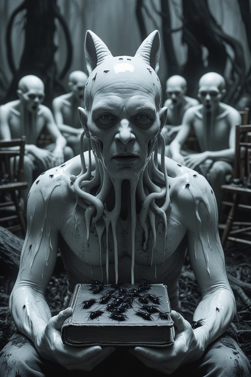 🖤 Ivor E. Limbs 🖤

Limbs, light, lunacy—
Rabbit knows.
Book writhes.
Forest breathes.
Monochrome visions: hybrid prophets, haunted tomes, nightmare creatures.
📖🐇🦑
Ltd. ed. prints, sculptures soon.
#IvorELimbs #DarkArt #GothicSurrealism #OctopusMan #SacredGrotesque