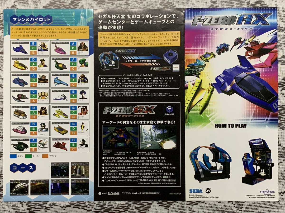 KAZTENDO2's tweet image. 同年6月にはアーケードで「F-ZERO AX」が稼働し、GC「F-ZERO GX」とメモリーカードを連動することで、AX専用コースがGXでも遊べるようになります。ライセンスカードと当時のパンフレットです。今も一部のアミューズメント施設で稼働しているようなので、遊んでみたいですね