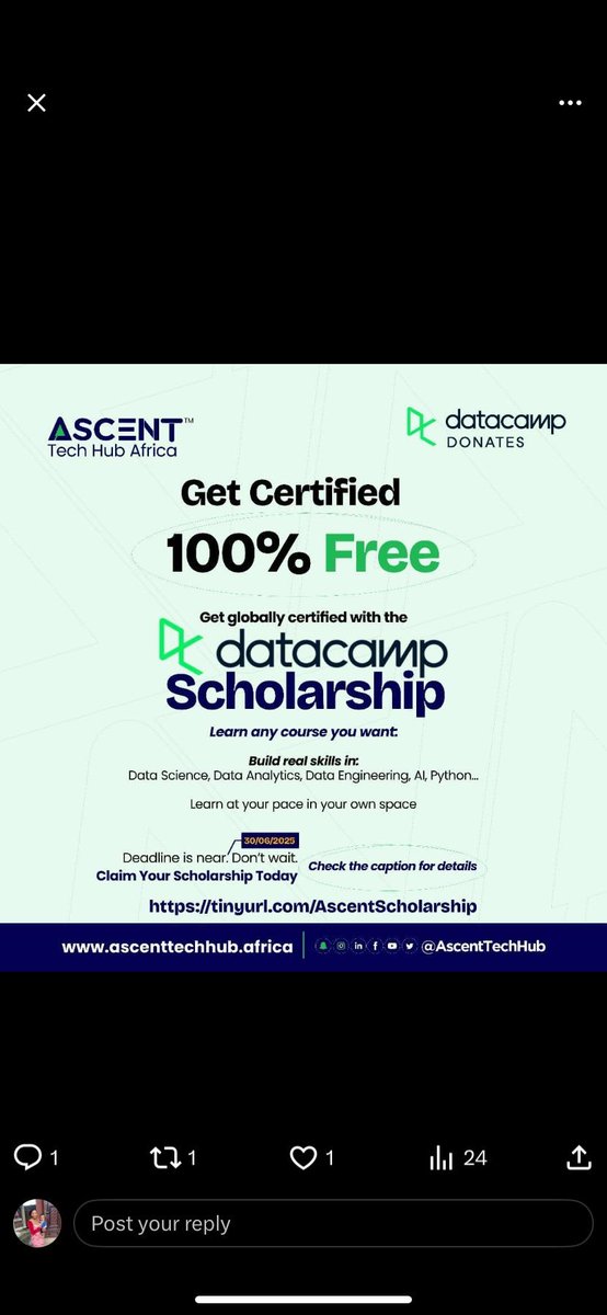 s__mbugua's tweet image. Just took a bold step towards my tech career by registering for the Ascent Tech Hub Africa x DataCamp Scholarship!

Big thanks to @AscentTechHub and @DataCamp for this amazing opportunity.

Apply now
#DataCampDonates #10MMMinusOne #AscentTechHub