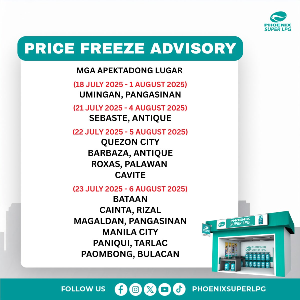 📢 𝗣𝗥𝗜𝗖𝗘 𝗙𝗥𝗘𝗘𝗭𝗘 𝗔𝗗𝗩𝗜𝗦𝗢𝗥𝗬

Ngayong may matinding bagyo, mananatili ang presyo ng household (LPG) in cylinders (11 kg Saklaw nito ang mga lugar na nasa ilalim ng State of Calamity 

Ingat kayo, mga Ka-Phoenix. Magtulungan tayo at manatiling ligtas.

#PhoenixSuper