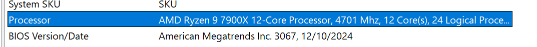 someyunging's tweet photo. @LookitsAllSkill bet:  AMD Ryzen 9 7900X 12-Core Processor, 4701 Mhz, 12 Core(s), 24 Logical Processor(s) https://t.co/wQGreY7x7a