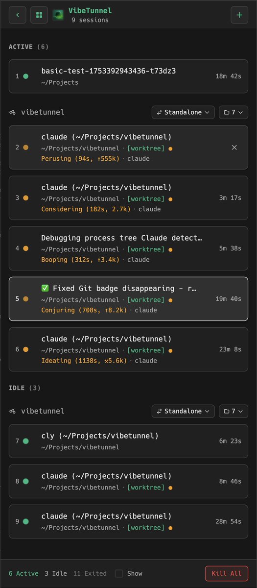 VibeTunnel's tweet image. In the next beta, the sidebar is getting a facelift!
- shows git branch/worktree
- shows git statistics
- more space for activity
- nicer status bar
- proper back button
- better x button alignment
- keyboard shortcuts to switch sessions fast
- follow mode and worktree display
-…