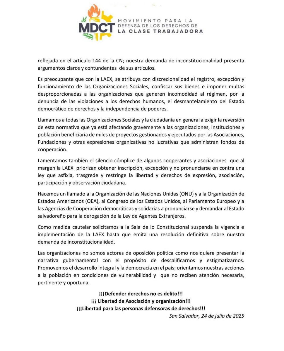 🚨 El MDCT considera que la LAEX presenta múltiples vicios de forma, de contenido y violación a la Constitución referido a la obligación de todas las autoridades a cumplir con los tratados internacionales suscritos por el Estado salvadoreño.

👇Lee el comunicado completo del MDCT