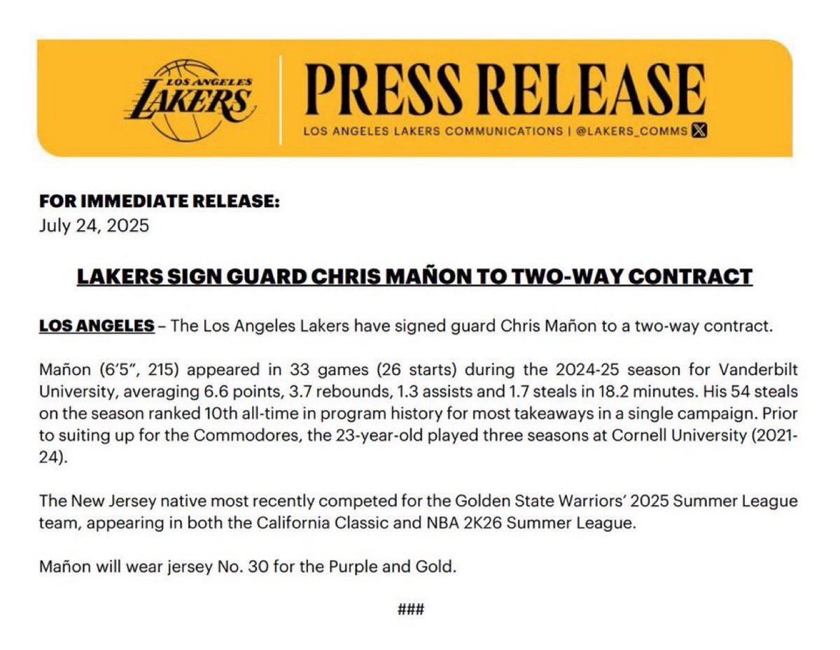 Trevor_Lane's tweet image. Lakers make the signing of Chris Mañon to a two-way contract official