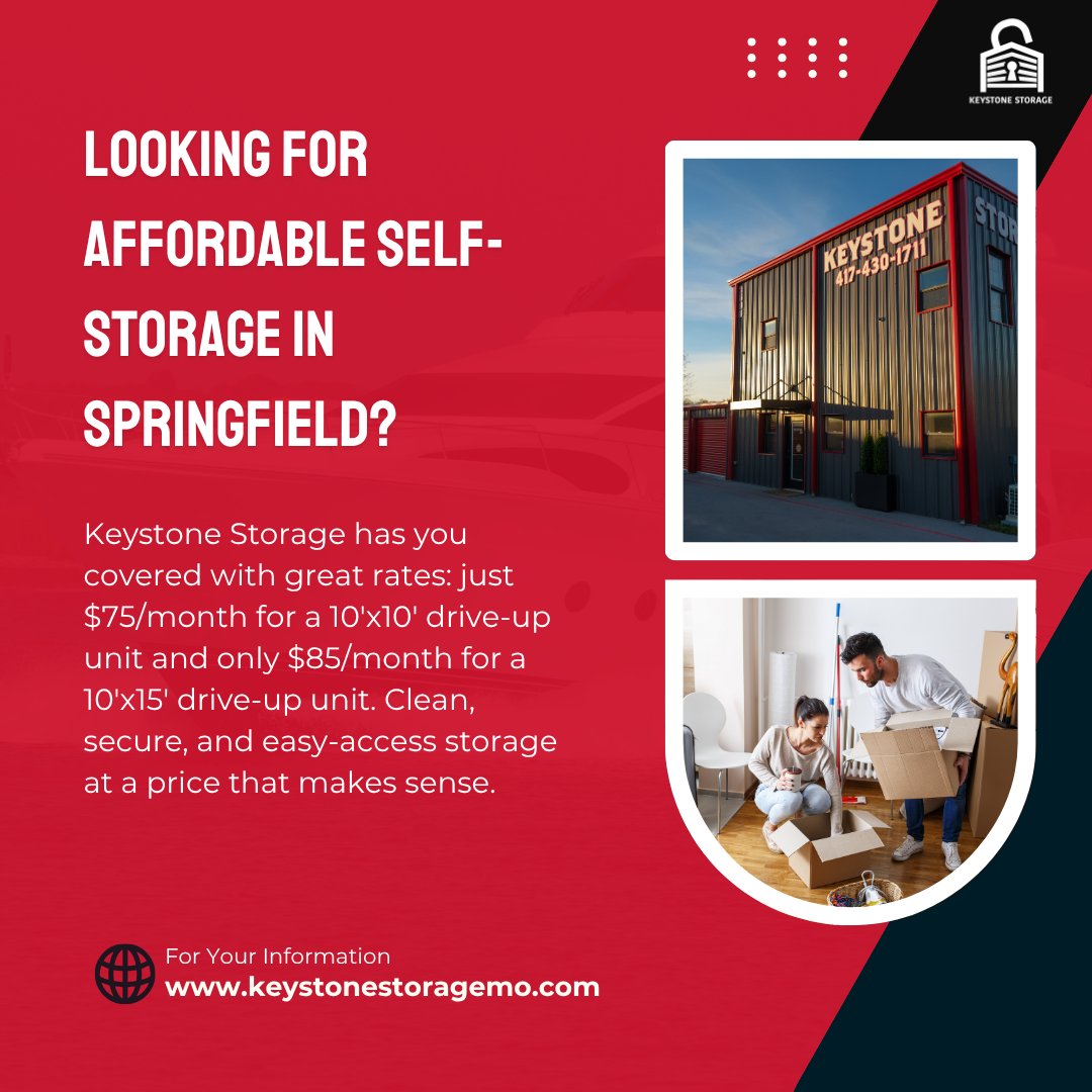 Keystonemo's tweet image. Need self-storage in Springfield? Keystone Storage offers affordable rates! Get a 10&apos;x10&apos; drive-up unit for $75/month or a 10&apos;x15&apos; for $85/month. Enjoy clean, secure, and accessible storage. Call now to reserve! #SpringfieldMO#SelfStorage#KeystoneStorageMO
keystonestoragemo.com/2503-n-barnes-…