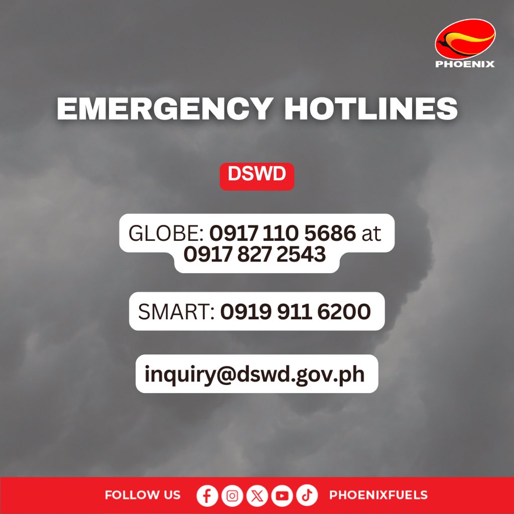 🚨 EMERGENCY HOTLINES 🚨

Para sa inyong kaligtasan ngayong bagyong Crising, narito ang mga emergency hotlines na maaari ninyong tawagan.

Ingat kayo mga ka-Phoenix, lalo na sa gitna ng tag-ulan at baha. 💧

#PhoenixPULSETechnology #Phoenix #EmergencyHotlines #Habagat #StaySafe