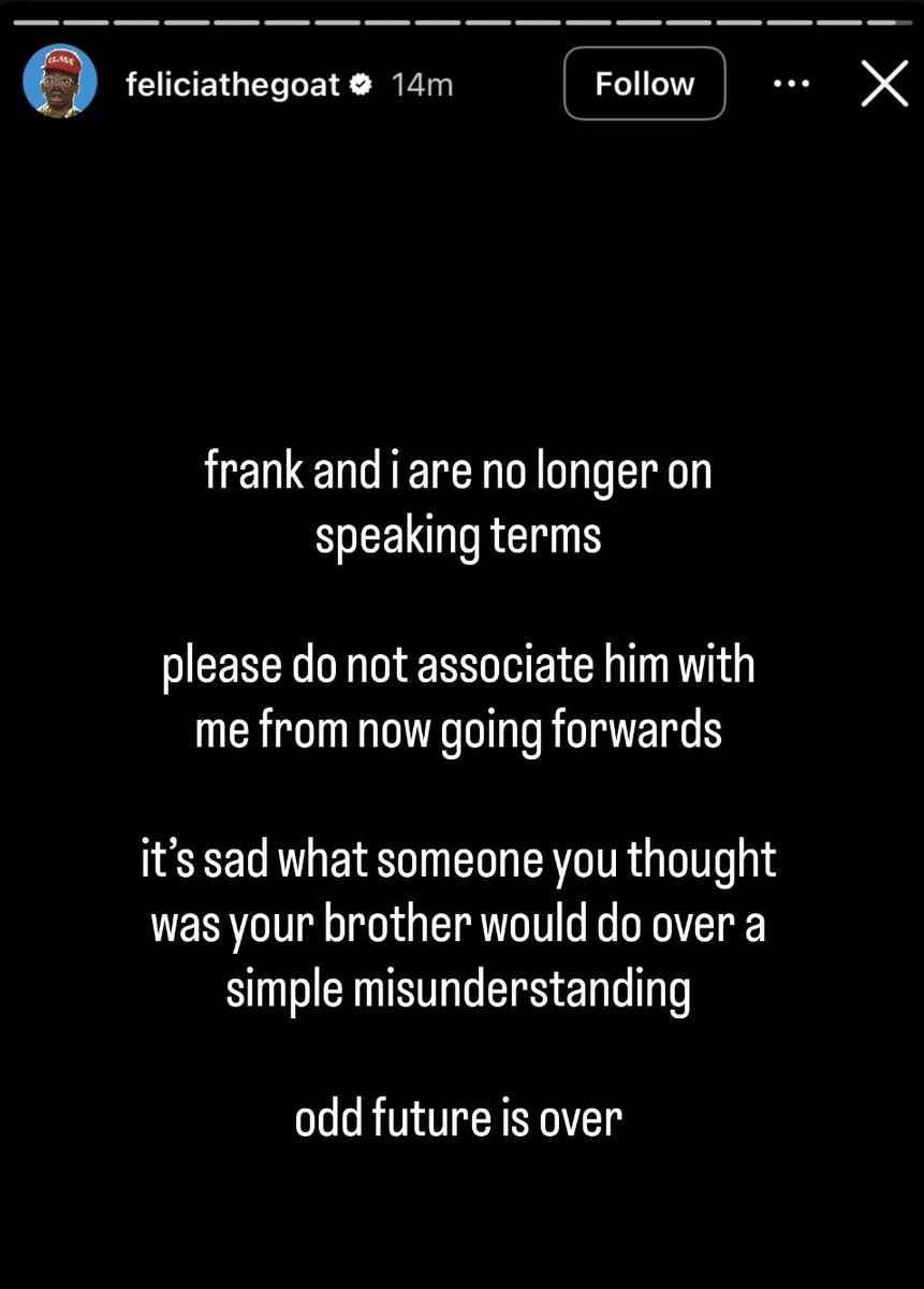 blondedhomer's tweet image. Tyler, The Creator just dissed Frank Ocean on his Instagram story.

“Odd Future is over”