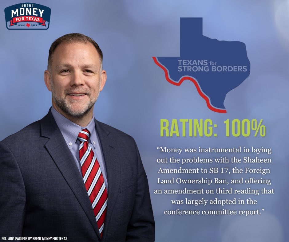 I'm proud to announce that I've earned a 100% rating from Texans for Strong Borders!

Securing our borders is essential to protecting our communities and preserving our nation. If we lose Texas, we lose America. I’ll never stop fighting to put Texas first.