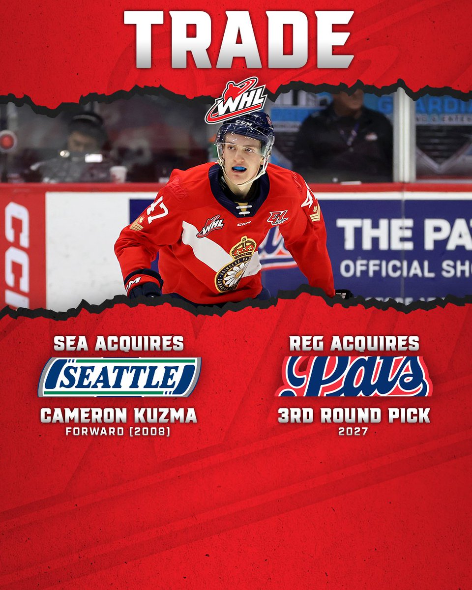 TheWHL's tweet image. Welcome to Kent, Cameron!
The @SeattleTbirds have completed a trade with the @WHLPats, acquiring the 2008-born forward.
๐ | tinyurl.com/572jsw4f