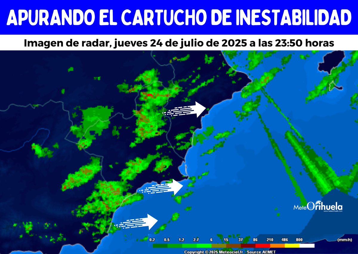 MeteOrihuela's tweet image. ¡Apurando el cartucho de inestabilidad en el mes de #julio! En #Moratalla (#Murcia) y #Pego (#Alicante) se han superado los 100 l/m², tremendo. Imagen radar, jueves (24/07/2025) a las 23:50 h. Todavía queda "energía" durante lo que resta de noche-madrugada.