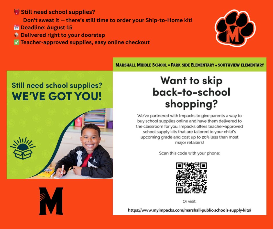 Back-to-school is coming fast! If you haven’t ordered your child’s school supply kit yet — there’s still time.

Order by August 15 to have your kit shipped straight to your home!

myimpacks.com/marshall-publi…