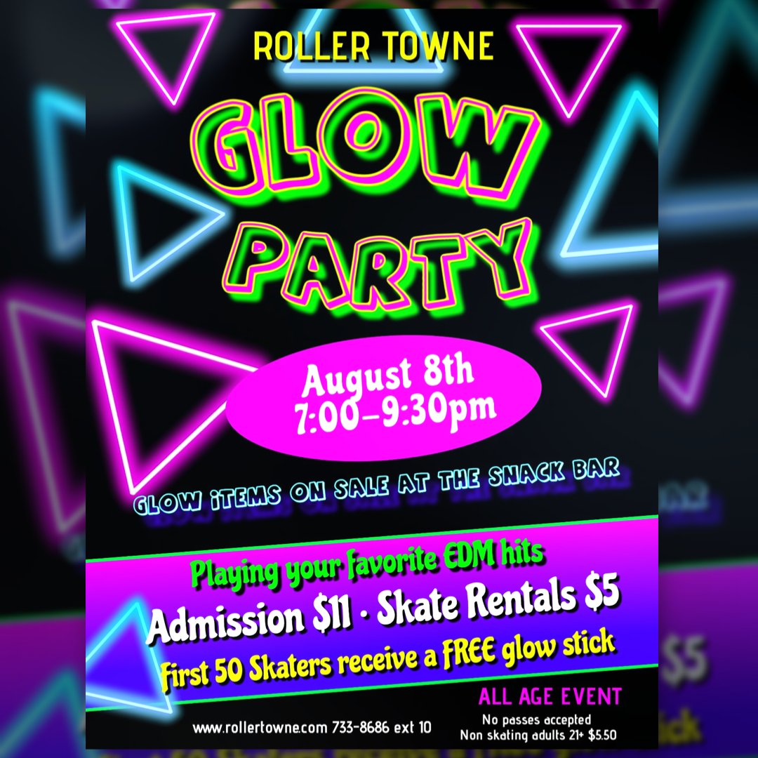 RollerTowne's tweet image. Who is ready for a GLOW PARTY at Roller Towne!!! 🌟 Be one of the first 50 skaters to enter and receive a FREE glow stick! ✨ Make sure to check out our glow items on sale at the snack bar and let's light up the skating floor! 🎉💫 #GlowParty #RollerTowne #SkatingFun #GlowUpNight