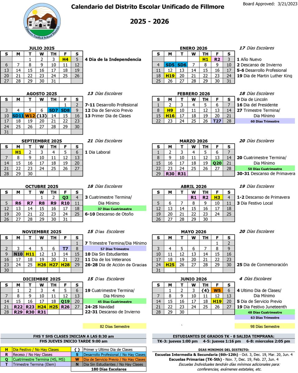 2025-26 Calendar. School Starts August 13, 2025 [English/Spanish]