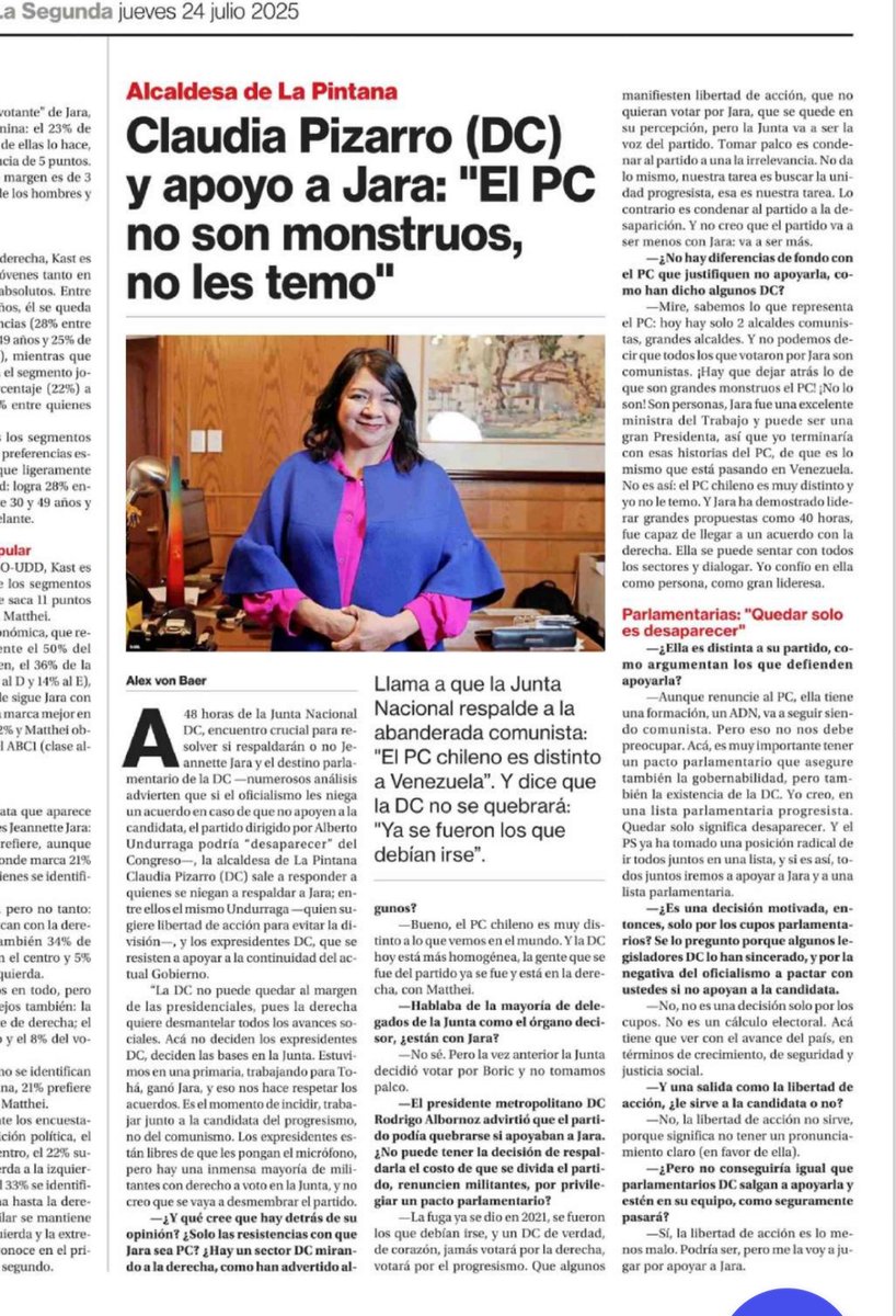 ClaudiaPizarro's tweet photo. Confío en Jeannette Jara. He visto su trabajo, su seriedad y su capacidad de diálogo. Ella va a representar a todas las fuerzas del progresismo y va a defender los avances sociales que hoy algunos quieren destruir con la motosierra.
Las bases de la Democracia Cristiana llevamos años trabajando por la unidad de esas fuerzas y por consolidar esos avances.
El @PDC_Chile debe estar presente en todos los espacios donde se construya un programa común para Chile. 🦋💜💪