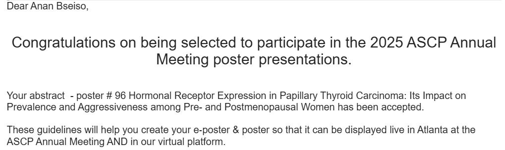AnanBseiso's tweet image. Thrilled to share that our abstract was accepted for presentation at #ASCP2025 in Atlanta this November! Can’t wait to connect and learn with fellow pathologists. 🔬✈️ #PathTwitter