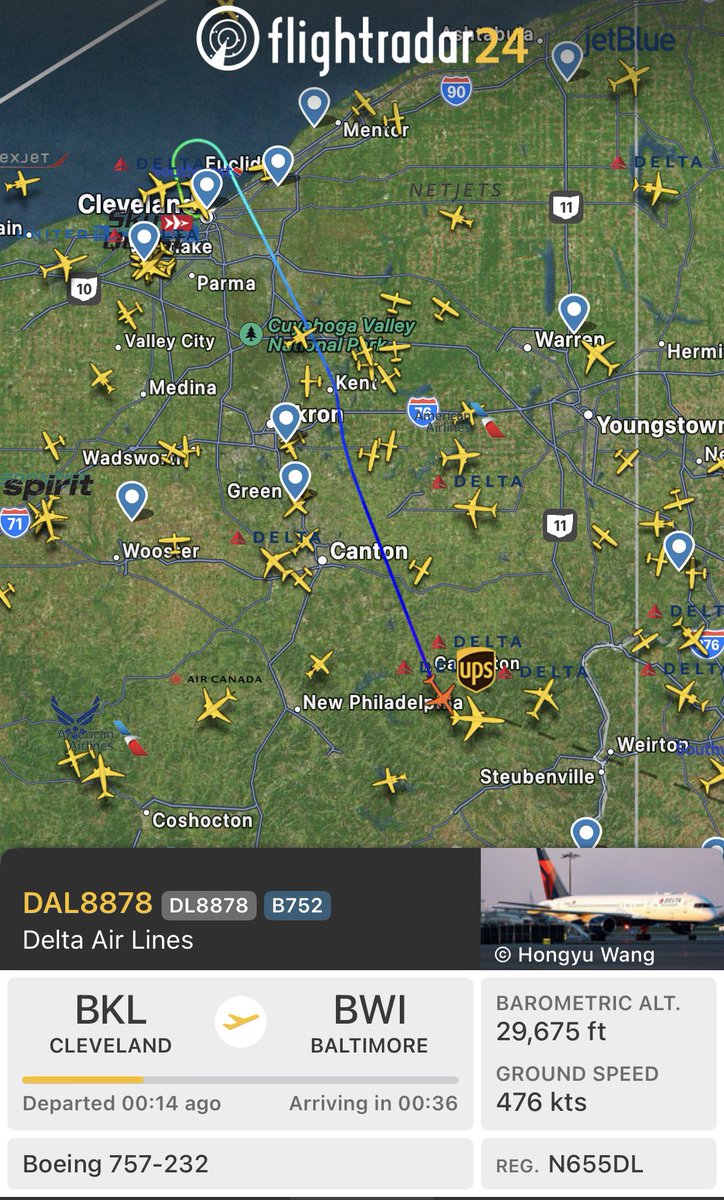 SouthSoxWire's tweet photo. The @Orioles are en-route home to Baltimore (BWI) from their series in Cleveland to host @Rockies. 

✈️ Aircraft: Boeing 757-232
🛫 Airline: @Delta 
🛩️ Tail #: DL8878
📍 Route: BKL —> BWI  
⏰ Departure: 5:48 PM ET
🛬 Arrival: 6:37 PM ET

#Rockies   #Orioles 
via: .@flightradar24 https://t.co/hMWsQV9szu