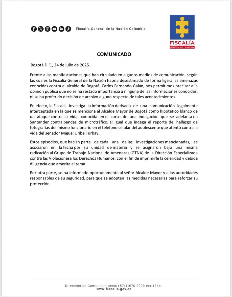 Melquisedec Torres (@melquisedec70) on Twitter photo Como debe ser, aunque algo demorada, la <a href="/FiscaliaCol/">Fiscalía Colombia</a> sí investiga las amenazas contra el alcalde <a href="/CarlosFGalan/">Carlos F. Galán</a> Como debe ser, aunque algo demorada, la <a href="/FiscaliaCol/">Fiscalía Colombia</a> sí investiga las amenazas contra el alcalde <a href="/CarlosFGalan/">Carlos F. Galán</a>