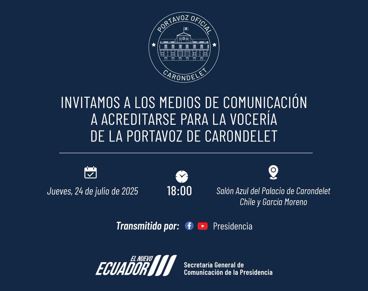 AndreaOrbe5's tweet image. ¿El SNAI y el Ecu 911 se adscribirán al ministerio del Interior?
Esta tarde se tiene previsto una rueda de prensa de la vocera de Gobierno, Carolina Jaramillo. Se ha citado a los medios de comunicación a Carondelet a las 18:00 👇🏾.