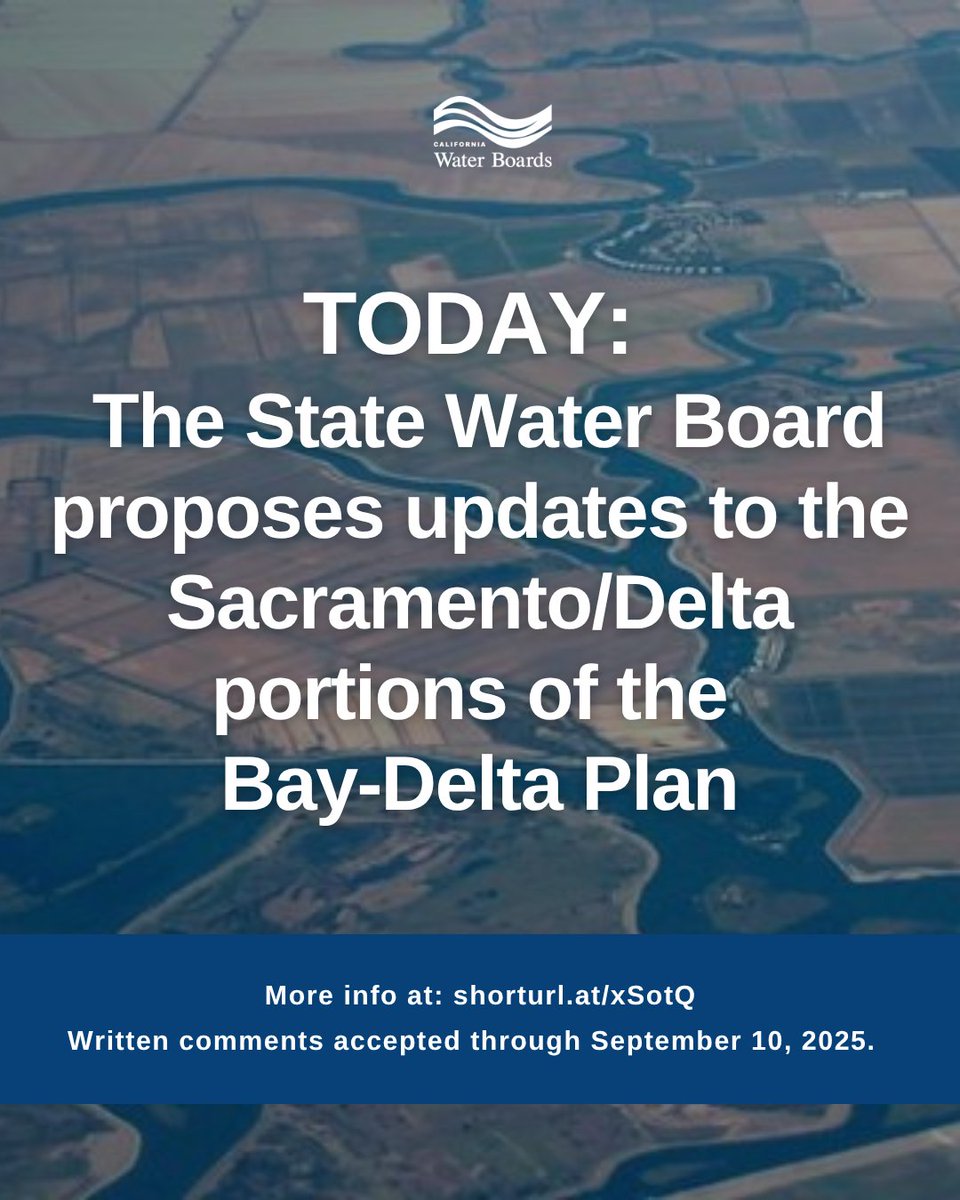 CaWaterBoards's tweet image. The State Water Board is proposing updates to the Bay-Delta Plan to better protect the Sacramento River, Delta, and tributaries-while balancing CA’s water needs. Public comment open until Sep. 10.
Read the updates: shorturl.at/xSotQ
Press Release: shorturl.at/ZBvyV